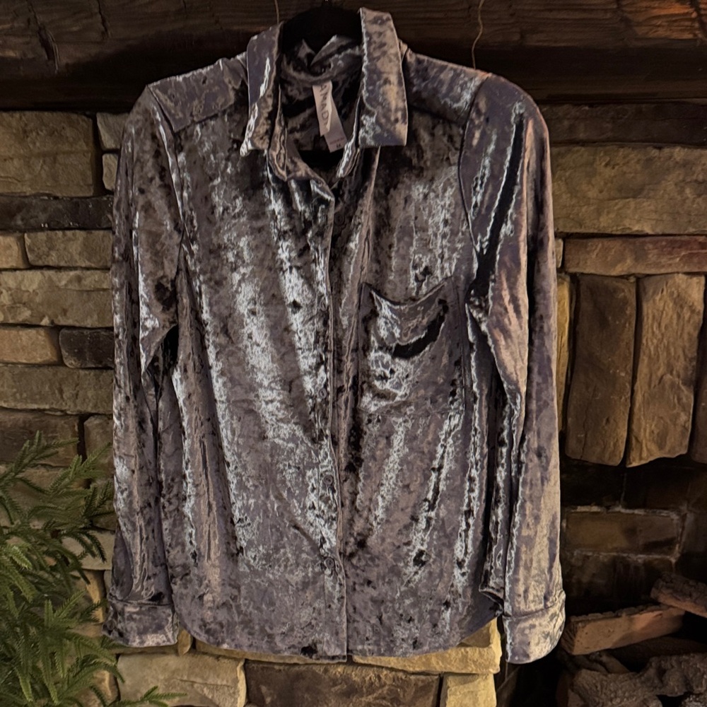Velvet Button-Up Blouse - Gray